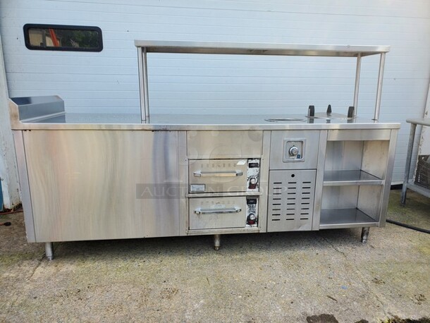 8"Ft Work Table W/ 2 Wells Warming Warmers| Overhead Shelf| See pictures for more details! 97"X32"X37" - Image 1 of 7