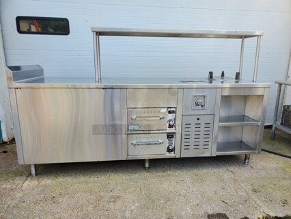 8"Ft Work Table W/ 2 Wells Warming Warmers| Overhead Shelf| See pictures for more details! 97"X32"X37"