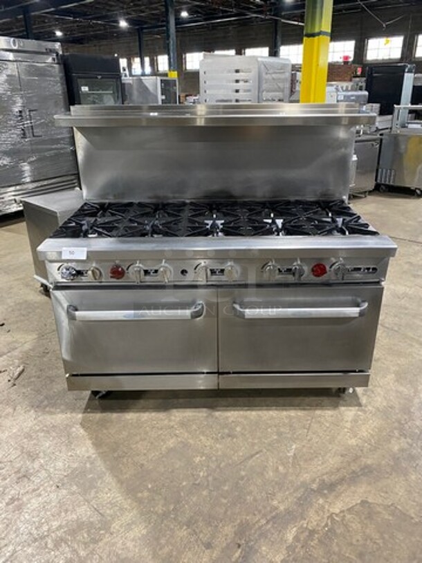 Commercial Natural Gas Powered 10 Burner Stove! With Raised Back Splash And Salamander Shelf! With 2  Oven Underneath! All Stainless Steel! On Casters! - Image 1 of 9