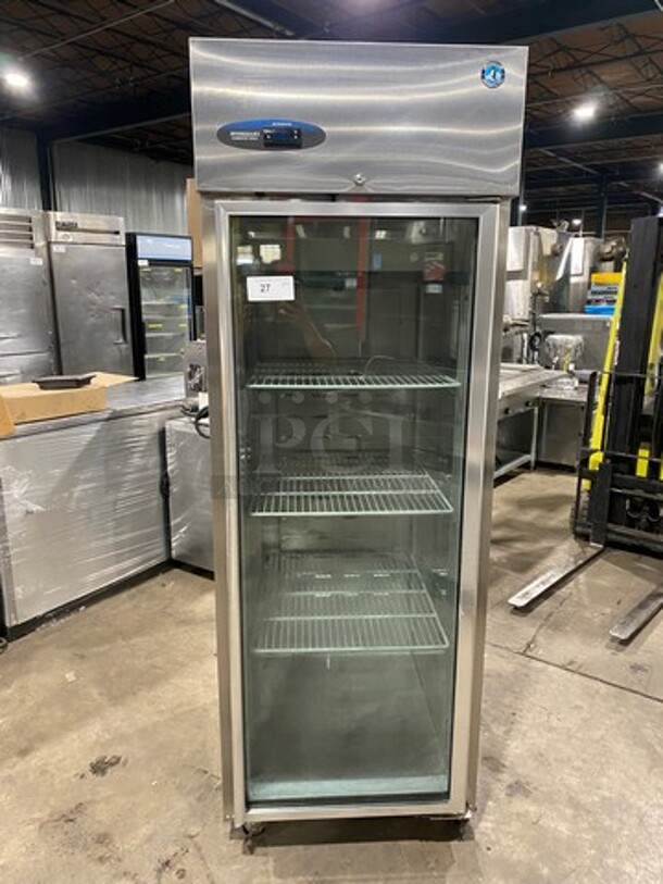 Hoshizaki Commercial Single Door Reach In Cooler! With View Through Door! Poly Coated Racks! Stainless Steel Body! On Casters! Model: CR1SFGYCR SN: F60129E 115V 60HZ 1 Phase