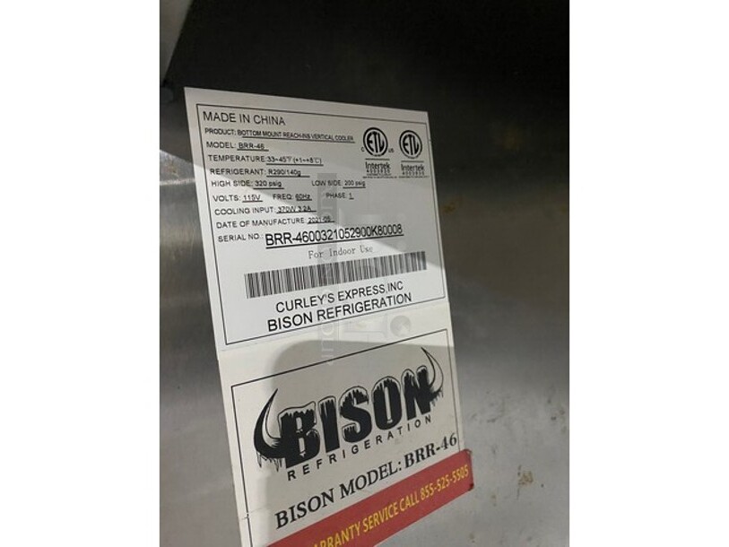 LATE MODEL! 2021 Bison All Stainless Stell Commercial Double Door Reach In Cooler! On Commercial Casters! Working When Removed! MODEL: BRR-46 SN: BRR-4600321052900K8008 1PH!
 - Image 7 of 9
