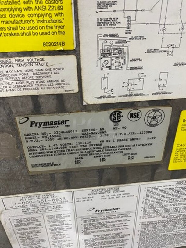 Frymaster Commercial Natural Gas Powered Deep Fat Fryer With Side Dumping Station! With Metal Frying Baskets! With Back Splash! All Stainless Steel! On Casters! Model: FM145ESC SN: 0204GH0013 - Image 10 of 11