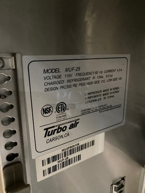 Turbo Air Commercial Single Door Lowboy/ Worktop Freezer! With Plexi Glass! All Stainless Steel! On Legs! MEASUREMENTS WITH OUT PLEXI GLASS! Model: MUF28 SN: MU2F808106 - Image 5 of 6