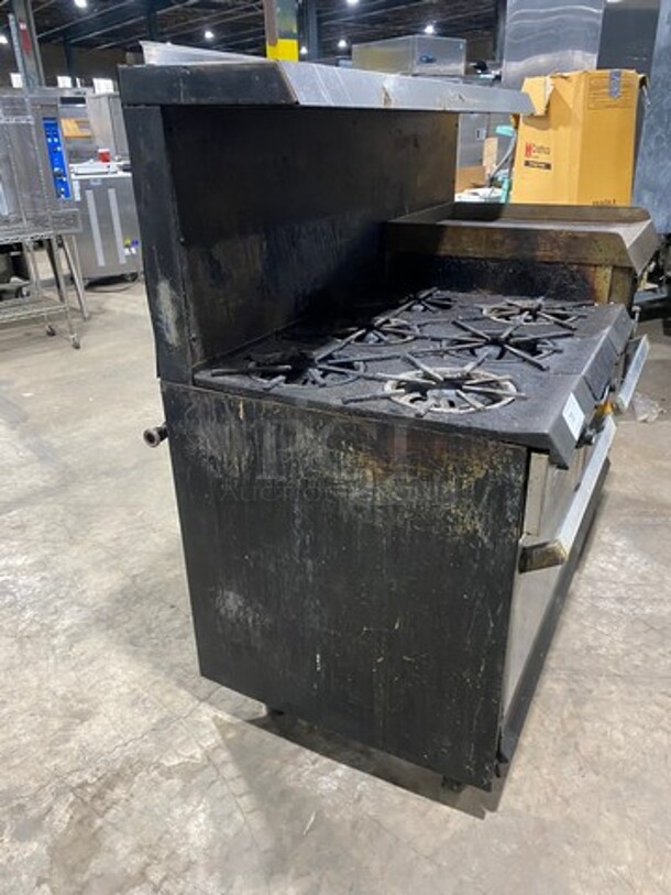 Garland Commercial Natural Gas Powered 6 Burner Stove With Right Side Flat Griddle! Griddle Has Side Splashes! With Raised Back Splash And Salamander Shelf! With 2 Oven Underneath! Metal Oven Racks! All Stainless Steel! On Legs! Working When Removed! - Image 3 of 9