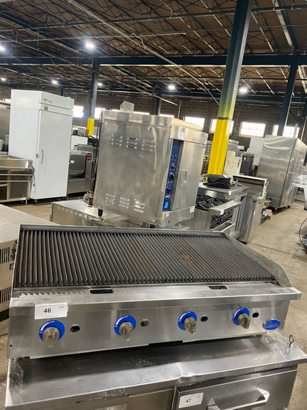 NICE! Globe Natural Gas Powered Countertop Char Broiler Grill! With Side Splashes! All Stainless Steel! On Legs! Model: GCB48G SN: 1714083783