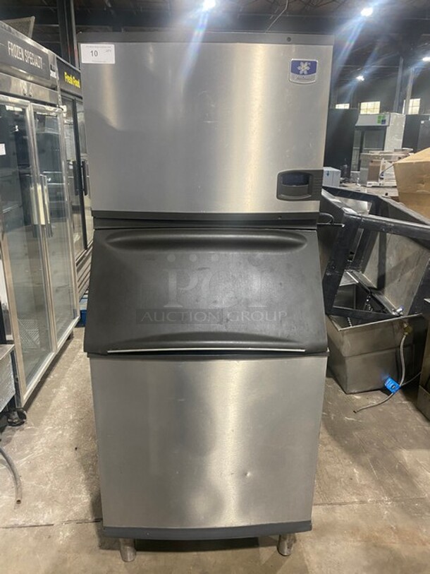 Manitowoc IY0504A-161 Stainless Steel Commercial Ice Machine Head on Manitowoc B570 Commercial Ice Bin! With Stainless Steel Multipurpose Utility Scoop/Ice Scoop! Working When Removed! 115V 1PH - Item #1113632