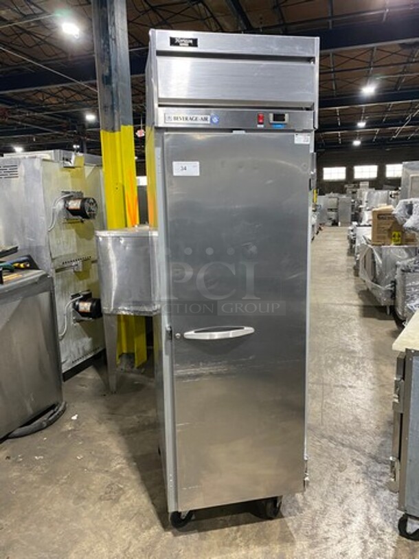 Beverage Air Commercial Single Door Reach In Freezer! With Poly Coated Racks! All Stainless Steel! On Casters! Model: HF11S SN: 12102164 115V 60HZ 1 Phase