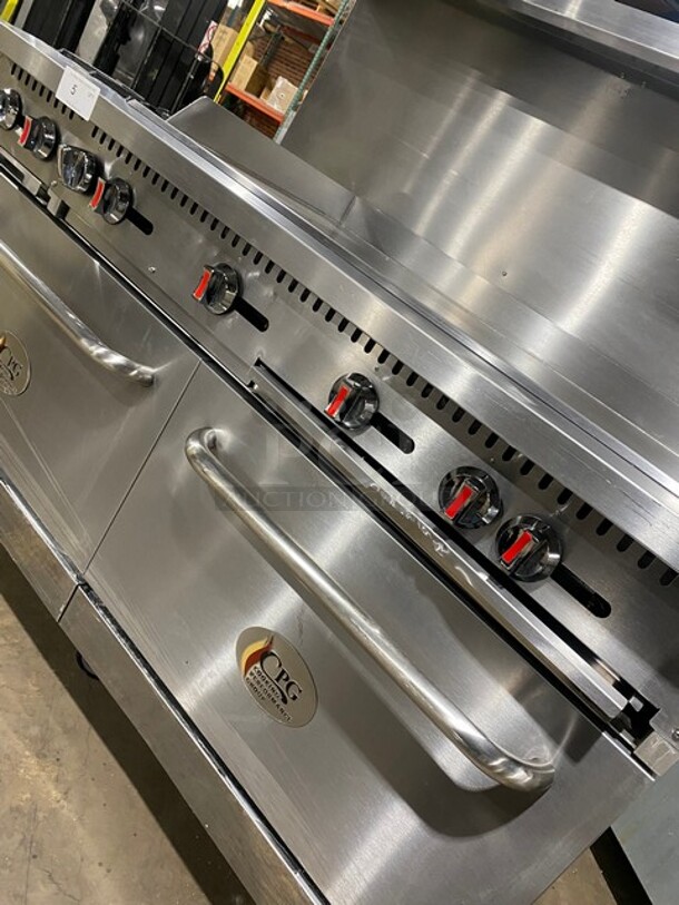 CPG Commercial LP Powered Flat Top Griddle Stove With Left Side 2 Burner! Griddle Has Side Splashes! With Raised Back Splash And Salamander Shelf! With 2 Oven Underneath! Metal Oven Racks! All Stainless Steel! On Casters! Working When Removed! Model: S60G48L SN: 09227429 - Image 10 of 12