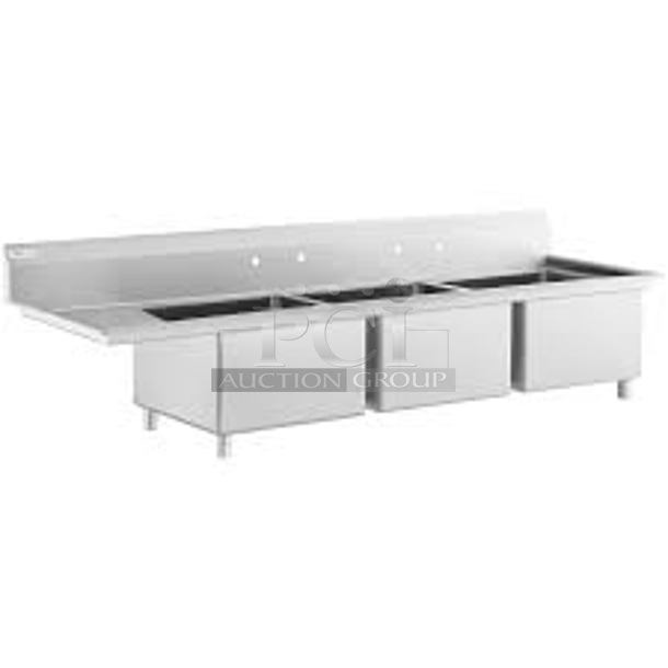 BRAND NEW SCRATCH AND DENT! Regency 600S3171718L Stainless Steel Commercial 3 Bay Sink w/ Left Side Drain Board. Bays 17x17. Drain Board 16x19 - Image 1 of 8