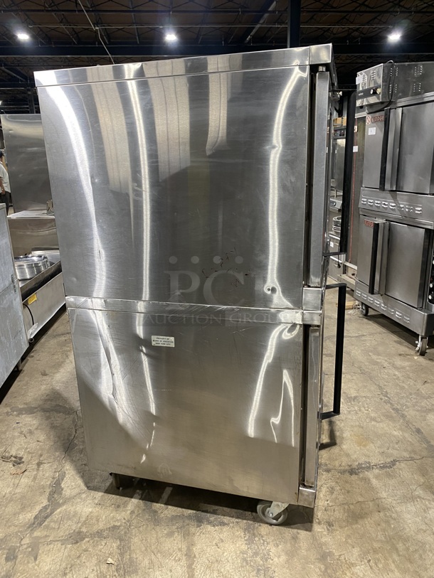 Sweet! Franklin Gas Powered Double Stacked 6/13 Series Convection Oven W/ One View Through &  Solid Doors! With Metal Oven Racks and Thermostatic Controls! On Commercial Casters! Working When Removed! 2 X Your Bid Makes One Unit! - Image 4 of 9