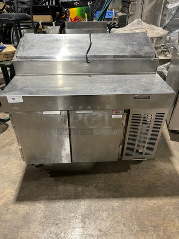 Traulsen Commercial Refrigerated Pizza Prep Table! With 2 Door Storage Space! All Stainless Steel! On Casters! Model: VPS48S SN: T02393L08 115V 60HZ 1 Phase