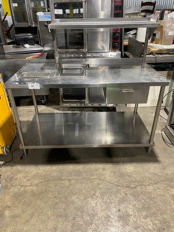 WOW! Commercial Worktop/ Prep Table! With Back Splash! With Over Head Shelf! With Single Drawer! With Storage Space Underneath! Solid Stainless Steel! On Legs!