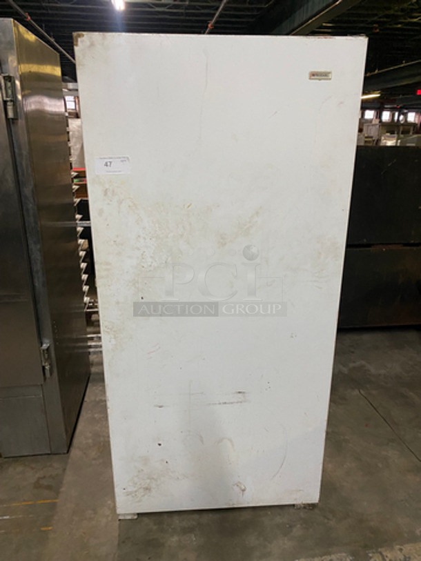 Frigidaire Single Door Freezer! With Racks And Shelves! Model: MFU21M3GW1 SN: WB81500720 115V 60HZ