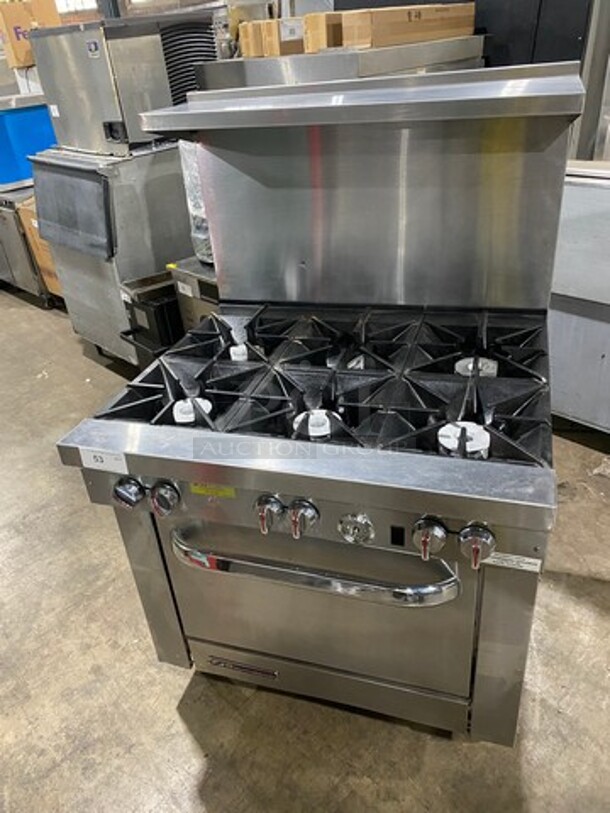 WOW! Southbend Commercial Natural Gas Powered 6 Burner Stove! With Raised Back Splash And Salamander Shelf! With Oven Underneath! All Stainless Steel! On Legs! Model: S36D SN: 14L05400 - Image 1 of 11