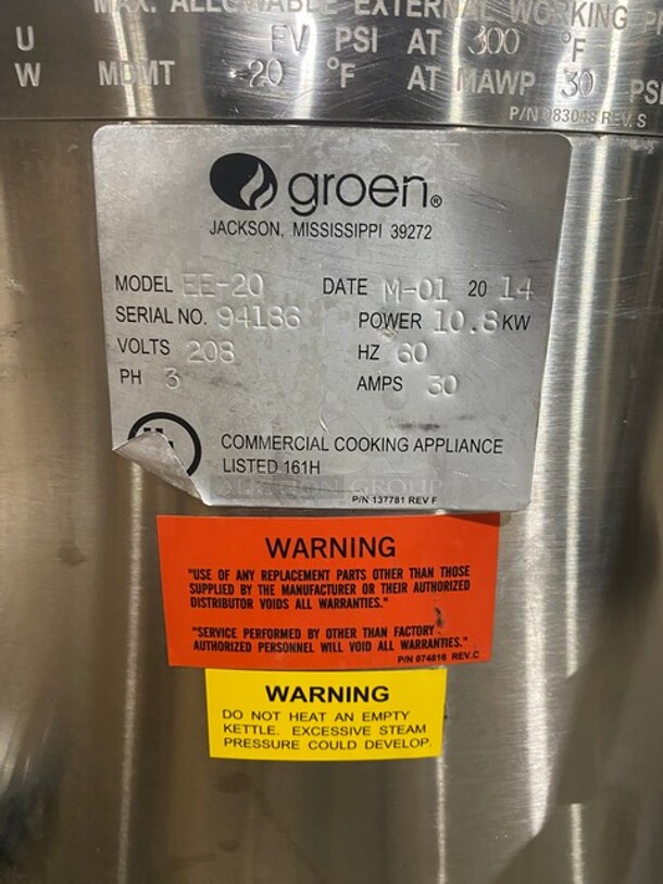 Amazing! 2014 Groen Commercial Electric Powered Jacketed Soup Kettle! All Stainless Steel! On Legs! Model: EE20 SN:94186 208V 3PH! Working When Removed!  - Image 9 of 10