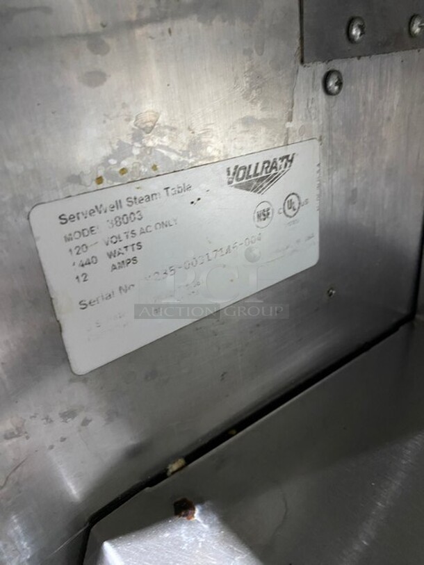 Vollrath Commercial Hot Food Table w/ (3) Wells! Natural Gas Powered! On Commercial Casters!  Working When Removed! MODEL 38003 120V  - Image 10 of 11