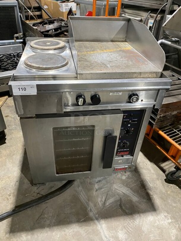 WOW! Lang Commercial Electric Powered 2 Burner Stove With Right Side Flat Griddle! Griddle Has Back And Side Splashes! With Oven Underneath! Metal Oven Racks! All Stainless Steel! Model: RT30G208VCF SN: RT300609A0029 208V 60HZ 3 Phase
