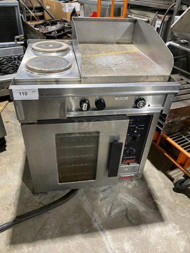 WOW! Lang Commercial Electric Powered 2 Burner Stove With Right Side Flat Griddle! Griddle Has Back And Side Splashes! With Oven Underneath! Metal Oven Racks! All Stainless Steel! Model: RT30G208VCF SN: RT300609A0029 208V 60HZ 3 Phase - Image 1 of 12