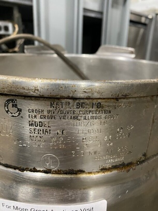 Groen Commercial Electric Powered Tilting Kettle! All Stainless Steel! Model: TDB610 SN: 113091 208/240V 60HZ 1 Phase - Image 7 of 8