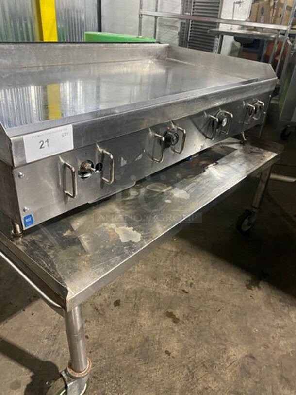 Vulcan Stainless Steel Commercial Natural Gas Powered Mirror Shine Flat Top Griddle! With Back & Side Splashes! On Equipment Stand! On Casters! - Image 6 of 11