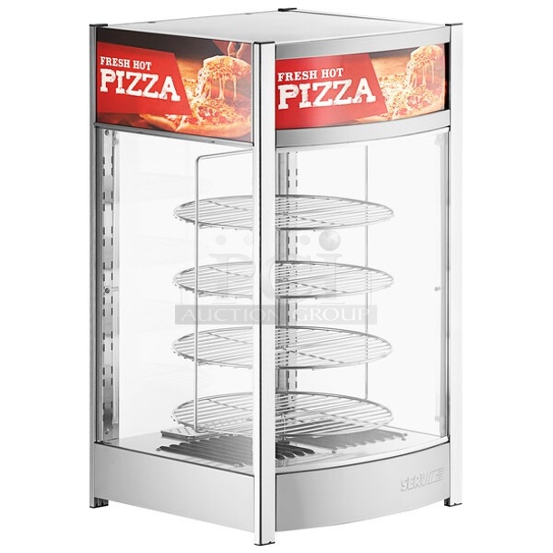 BRAND NEW SCRATCH AND DENT! ServIt 423PDW12D1 Stainless Steel Commercial Countertop Rotating Pizza Warmer Merchandiser. Stock Picture Used as Gallery. 120 Volts, 1 Phase. Tested and Working!
