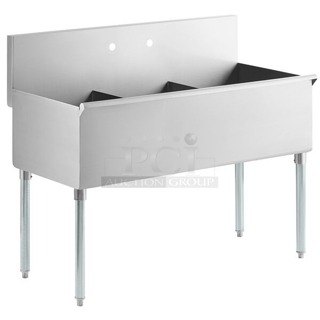BRAND NEW SCRATCH & DENT! Regency 600S31621SB STAINLESS STEEL 16" x 21" x 13" Three-Compartment Utility Sink for (1) 8" Center Faucet. Includes Legs & Drains. Unit is dented on right side. 