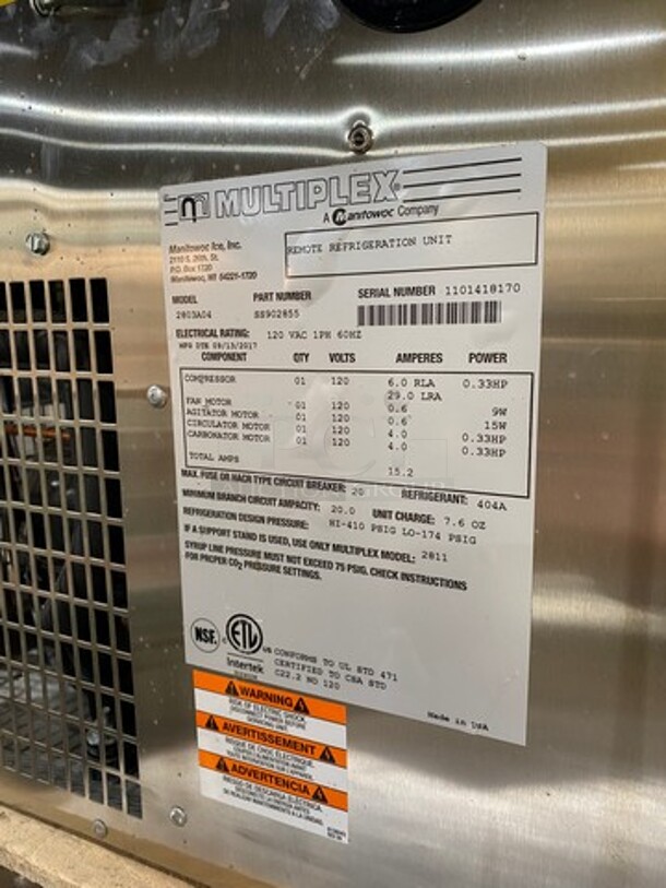 Manitowoc Multiplex Soda Factory Remote/Super Chill Refrigeration Unit! All Stainless Steel! Model: 2803A04 SN: 1101418170 120V 60HZ 1 Phase - Image 5 of 6