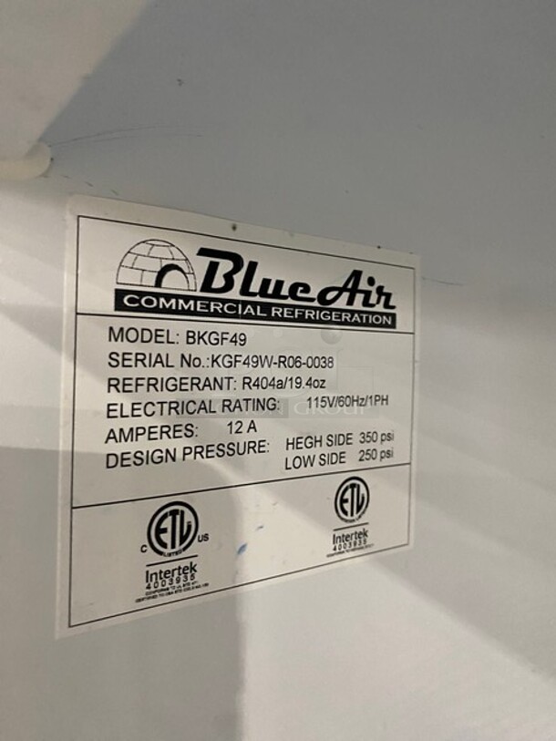 Blue Air Commercial Double Glass Door Reach In Freezer Merchandiser! With Poly Coated Racks! On Casters! 115V 1 Phase! Model: BKGF49 SN: KGF49W-R06-0038! - Image 7 of 8