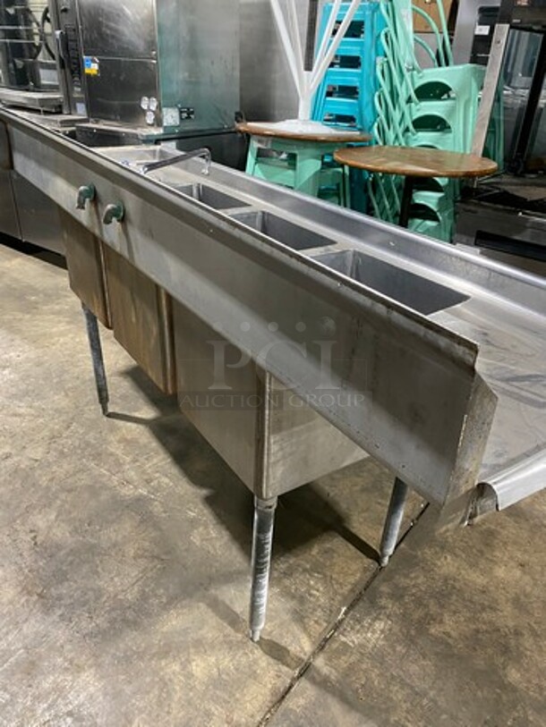 Aero Commercial 3 Compartment Dish Washing Sink! With Dual Side Drain Board! With Faucet And Handles! With Back Splash! All Stainless Steel! On Legs! - Image 4 of 9