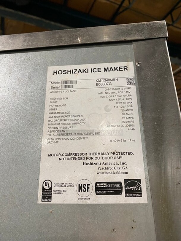 Hoshizaki Commercial Ice Making Machine! With Commercial Ice Bin Attached Underneath! All Stainless Steel! On Legs! 208-230V 1 Phase! Model: KM-1340MRH SN: E08307G! - Image 5 of 7