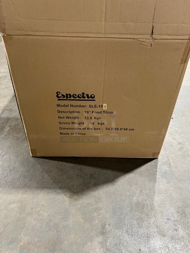 BRAND NEW! IN THE BOX! Espectro Commercial Countertop 10" Blade Deli/ Meat Slicer! All Stainless Steel! Model: SLE10T - Image 1 of 5