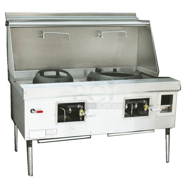 BRAND NEW scratch and dent! NO OBSERVABLE DAMAGE!! Town Y-2-SS-N York™ Two Chamber Natural Gas Wok Range with 13" Mandarin and 20" Cantonese Chamber - 191,000 BTU S/N: 250340. Chip in the metal.   - Image 1 of 12