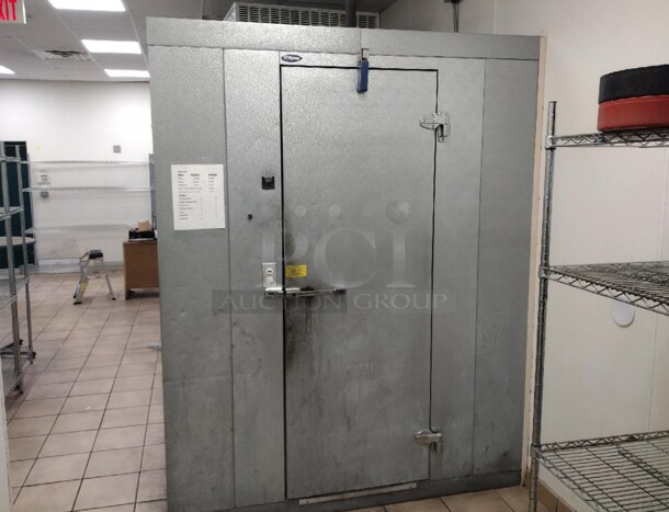 Norlake 6'x8'x7.5' SELF CONTAINED Walk In Cooler Box w/ Norlake Model CPB075DC-A Condenser and Copeland Model RS64C2E-CAV-101 Compressor. 208/230 Volts, 1 Phase. Picture of the Unit Before Removal Is Included In the Listing.