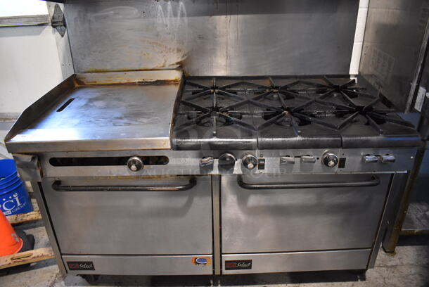 Southbend Select Stainless Steel Commercial Natural Gas Powered 6 Burner Range w/ Flat Top Griddle, Convection Oven, Oven, Over Shelf and Back Splash on Commercial Castesr. 61x35x60 - Image 5 of 9