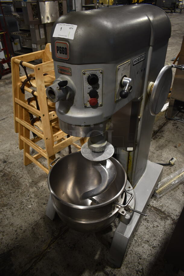 Hobart P660 Metal Commercial Floor Style 60 Quart Planetary Dough Mixer w/ Stainless Steel Mixing Bowl and Dough Hook Attachment. 240 Volts, 1 Phase. 