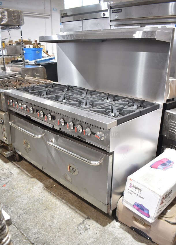 BRAND NEW SCRATCH AND DENT! Cooking Performance Group CPG 351CC60N Stainless Steel Commercial Natural Gas Powered 10 Burner Range w/ 2 CONVECTION Ovens, Over Shelf and Back Splash. 364,000 BTU.  - Image 2 of 10