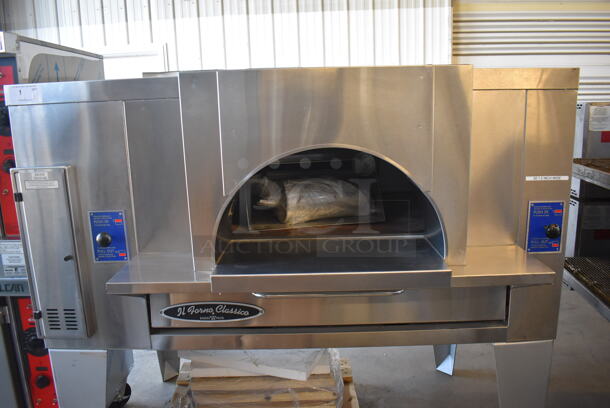 BRAND NEW! 2019 Bakers Pride FC-516 Stainless Steel Commercial Natural Gas Powered / Coal Burning / Wood Fired Il Forno Pizza Oven w/ Cooking Stones on Metal Legs. 140,000 BTU. 65.5x54x67 - Image 3 of 11