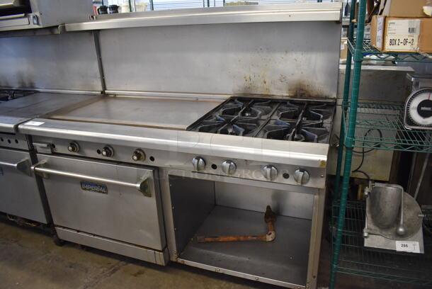 Imperial Stainless Steel Commercial Natural Gas Powered 4 Burner Range, Flat Top Griddle, Oven, Over Shelf and Back Splash on Commercial Casters. 60x31x57
 - Image 4 of 10