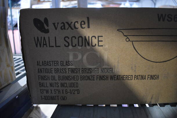 BRAND NEW SCRATCH AND DENT! Vaxcel WS65373 Alabaster Glass Antique Brass Finish Brushed Nickel Light Fixture. - Image 2 of 3