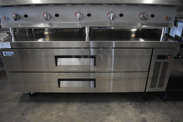 BRAND NEW SCRATCH AND DENT! Avantco Stainless Steel Commercial 2 Drawer Chef Base on Commercial Casters. 60x30x26. Tested and Working!