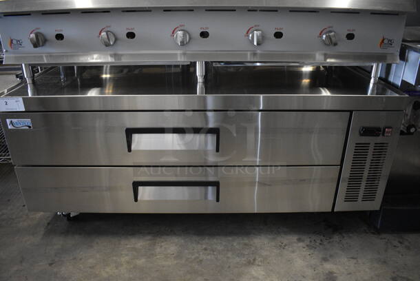 BRAND NEW SCRATCH AND DENT! Avantco Stainless Steel Commercial 2 Drawer Chef Base on Commercial Casters. 60x30x26. Tested and Working! - Image 1 of 5