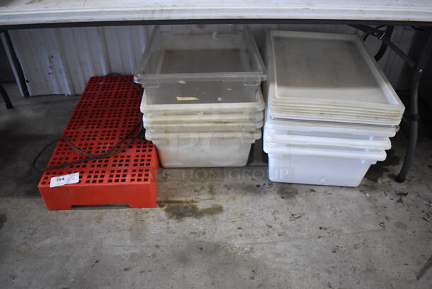 ALL ONE MONEY! Lot of Various Items Including Poly Bins, Lids and Red Dunnage Rack