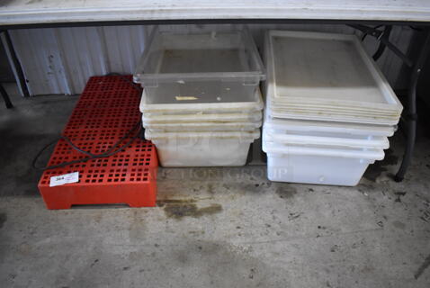 ALL ONE MONEY! Lot of Various Items Including Poly Bins, Lids and Red Dunnage Rack