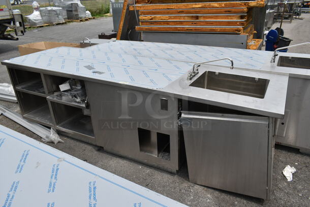 BRAND NEW SCRATCH AND DENT! Stainless Steel Commercial Counter w/ Sink Bay, Faucet, Handles and Under Shelves. - Image 1 of 10