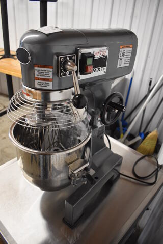 Avantco MX10 Metal Commercial Countertop 10 Quart Planetary Dough Mixer w/ Stainless Steel Mixing Bowl, Bowl Guard, Dough Hook, Paddle and Whisk Attachments. 120 Volts, 1 Phase. 15x20x25. Tested and Working!
