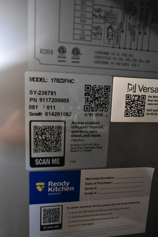 BRAND NEW SCRATCH AND DENT! 2023 Avantco  178Z2FHC Stainless Steel Commercial 2 Door Reach In Freezer w/ Poly Coated Racks. 115 Volts, 1 Phase. Tested and Powers On But Does Not Get Cold - Image 10 of 10
