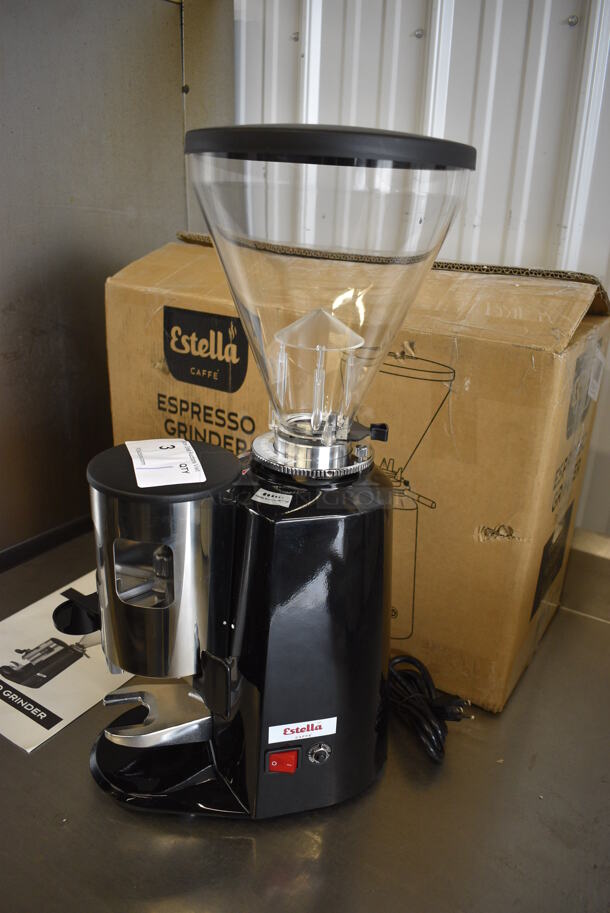 BRAND NEW IN BOX! Estella Model 236ECEG26 Metal Commercial Countertop Espresso Bean Grinder w/ Hopper. Unit Was Only Used as a Demonstration at Trade Shows. 110/120 Volts, 1 Phase. 9x14x22. Tested and Working! - Image 2 of 8