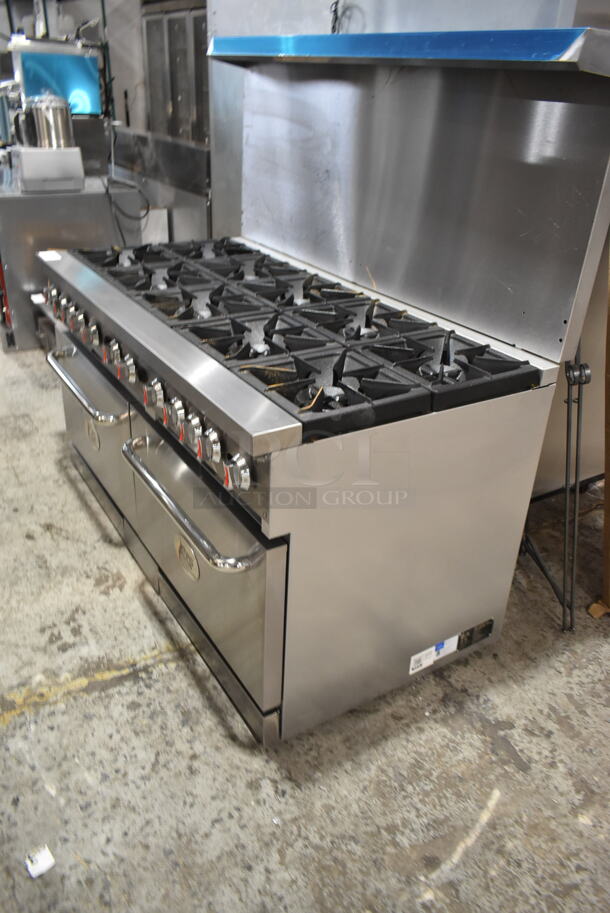 BRAND NEW SCRATCH AND DENT! 2024 Cooking Performance Group CPG 351CC60N Stainless Steel Commercial Natural Gas Powered 10 Burner Range w/ 2 CONVECTION Ovens, Over Shelf and Back Splash.  - Image 3 of 12