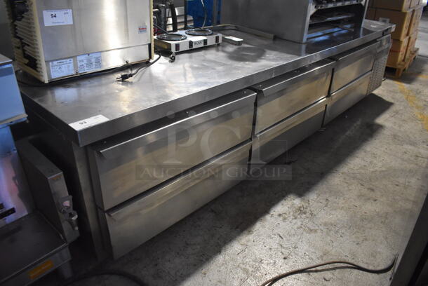 Continental Stainless Steel Commercial 6 Drawer Chef Base on Commercial Casters. 108x35x25. Tested and Working!