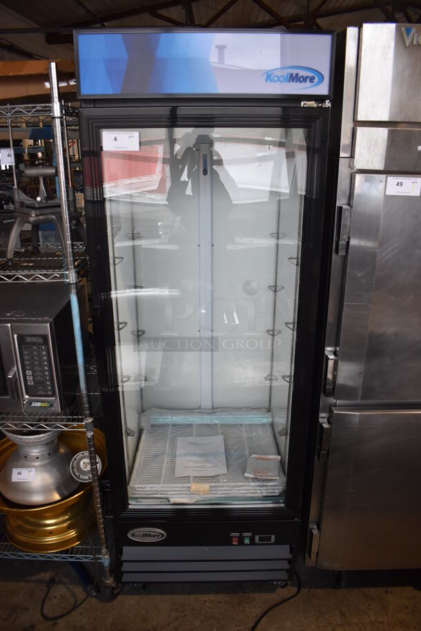 BRAND NEW SCRATCH AND DENT! KoolMore MDR-1D-23C Metal Commercial Single Door Reach In Cooler Merchandiser w/ Poly Coated Racks on Commercial Casters. 115 Volts, 1 Phase. 28x33.5x83. Tested and Working! - Image 1 of 6